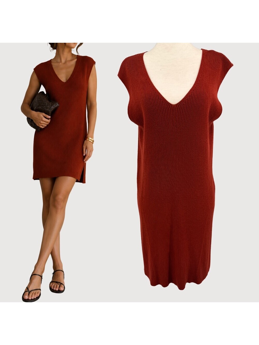 Massimo Dutti Ribbed V Neck Mini Tunic Dress Rust S